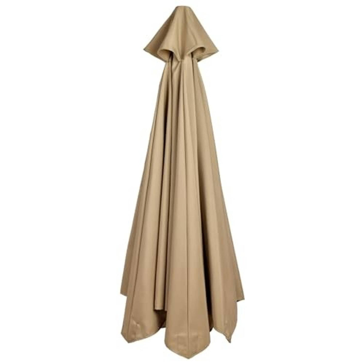 Beige patio umbrella replacement cover, full length with gathered canopy opening