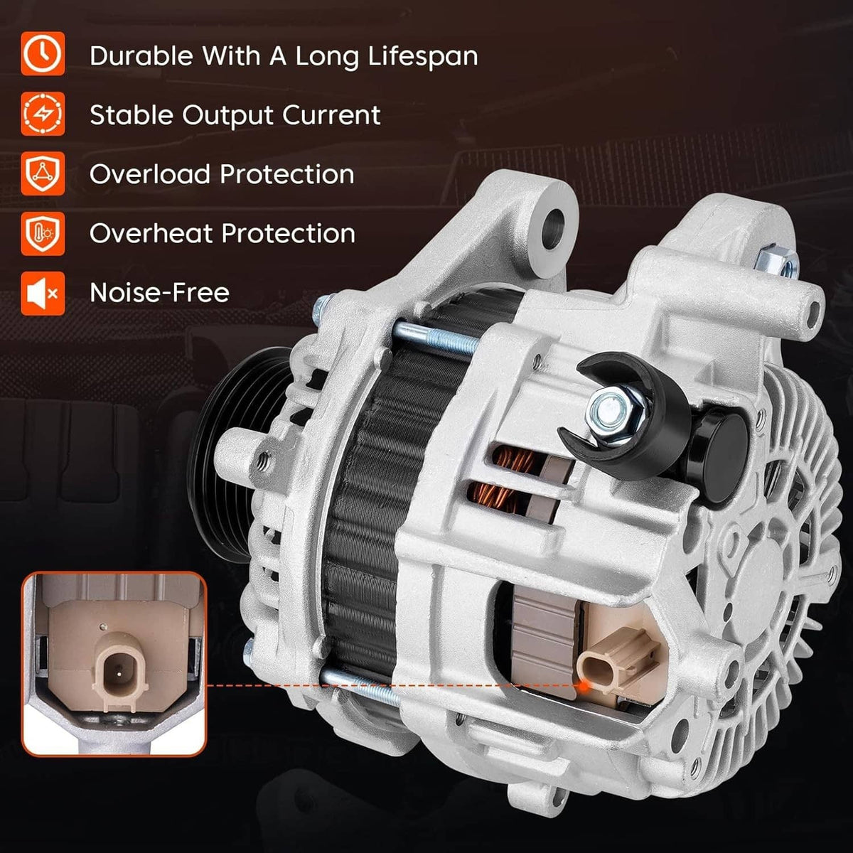 White alternator with black pulley, front view with visible electrical components.