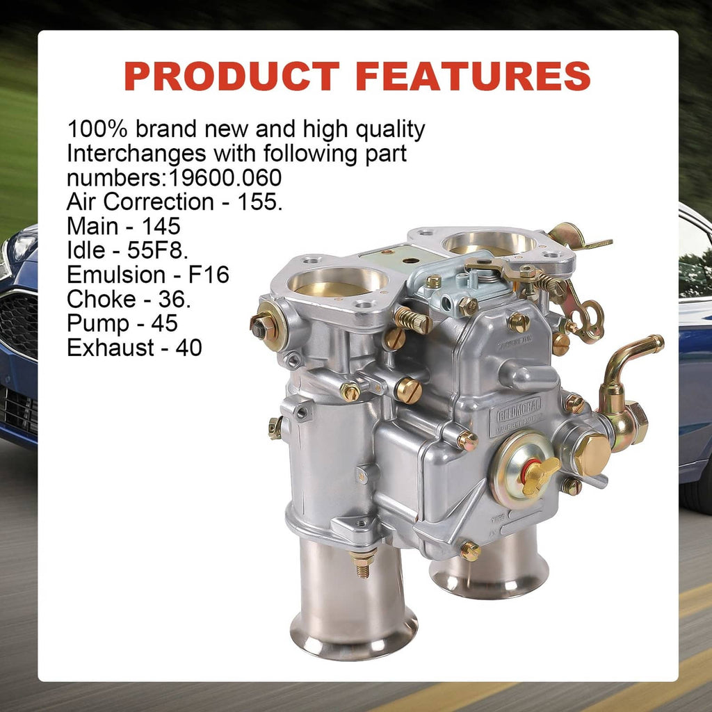 Twin-choke carburetor with two air horns and silver metal housing, detailed fittings