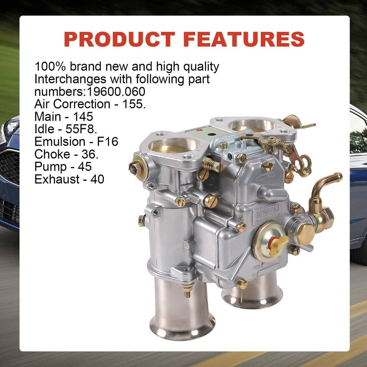 Twin-choke carburetor with two air horns and silver metal housing, detailed fittings