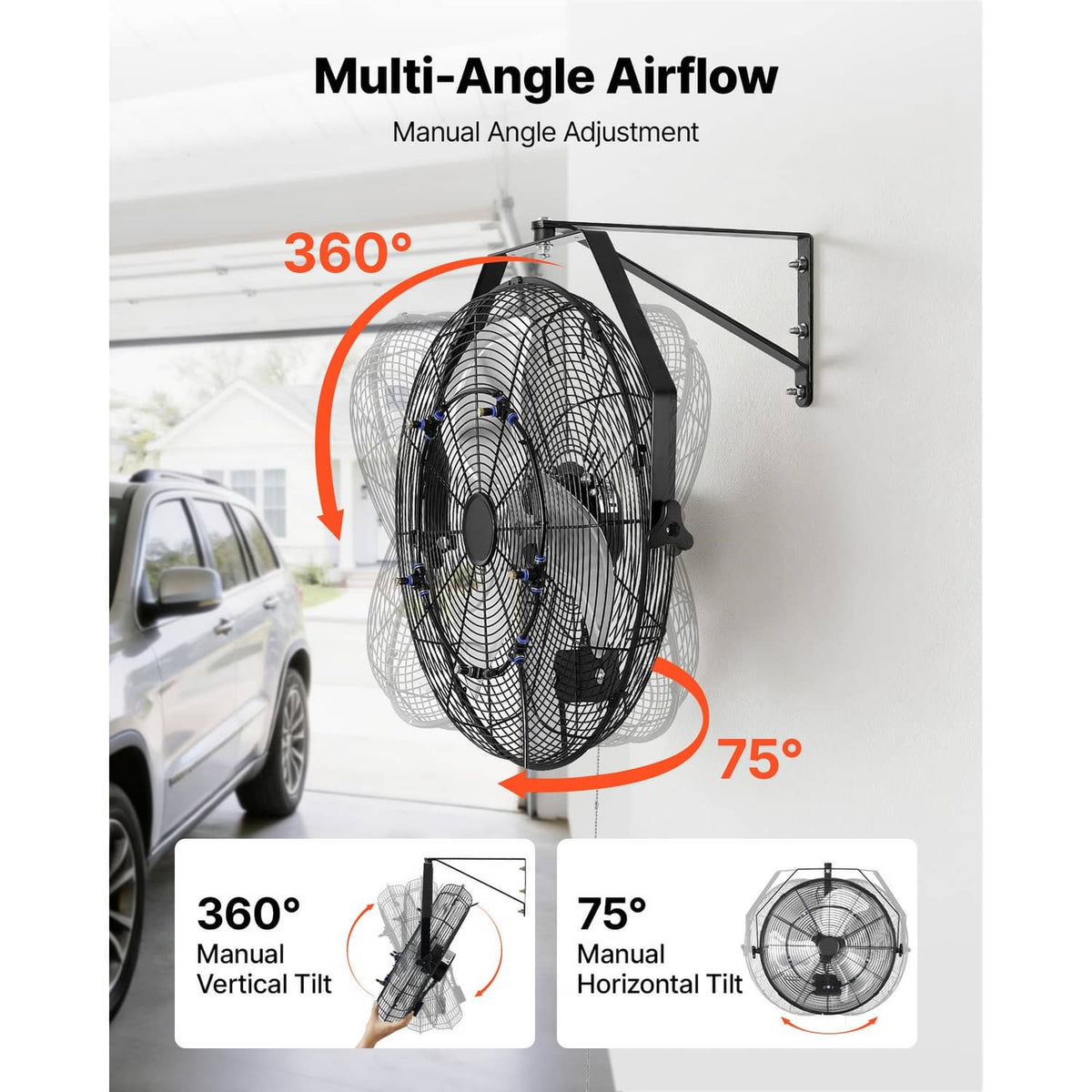 Wall-mounted mist fan with multi-angle tilt bracket and protective grille