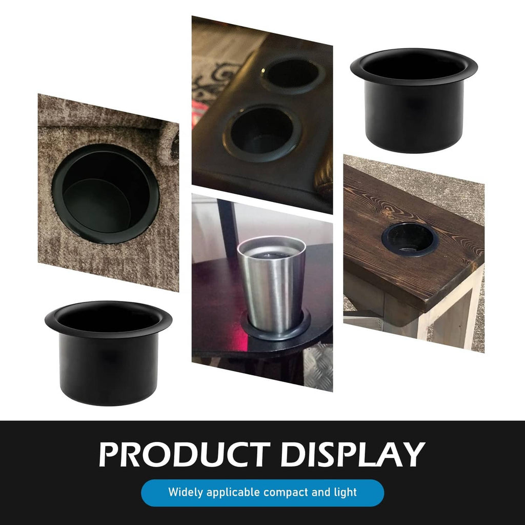 Black recessed cup holder inserts with shown installation in countertop cutouts