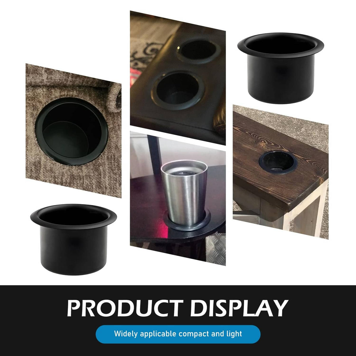 Black recessed cup holder inserts with shown installation in countertop cutouts
