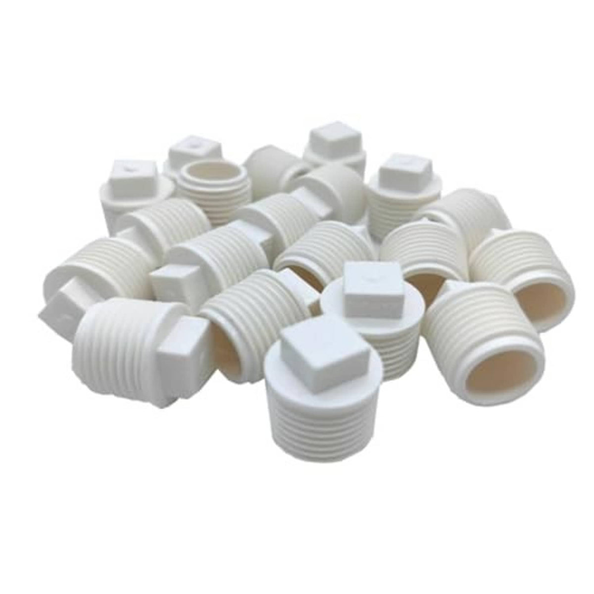 White PVC male threaded pipe plugs with hex heads and ridged thread barrels