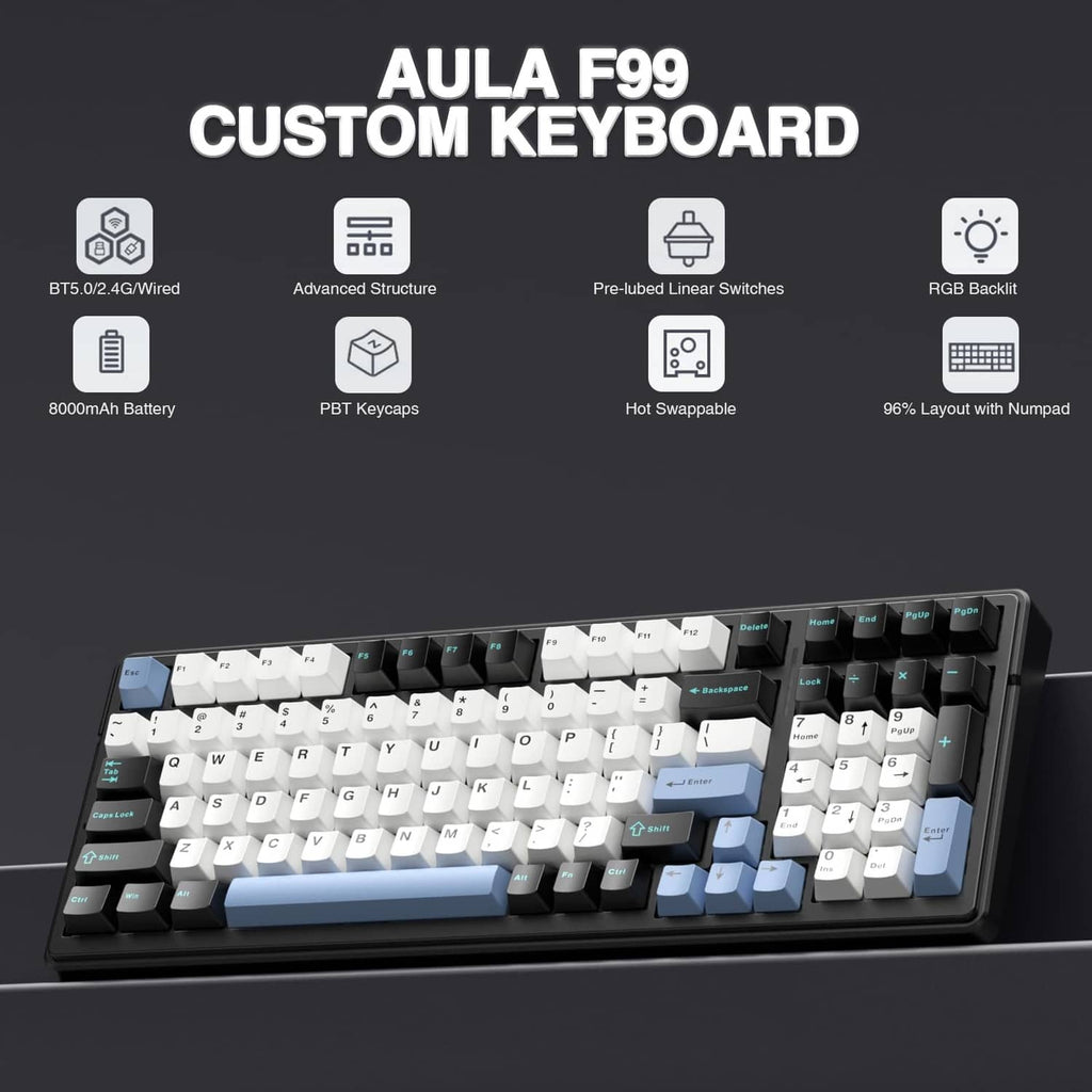 AULA F99 custom keyboard, angled view, white and light blue keycaps on a black case