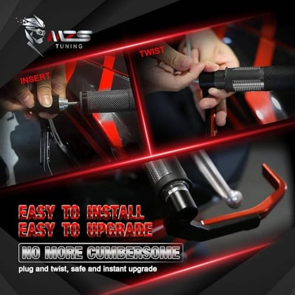 Black motorcycle lever guard installation showing plug-and-twist fitting
