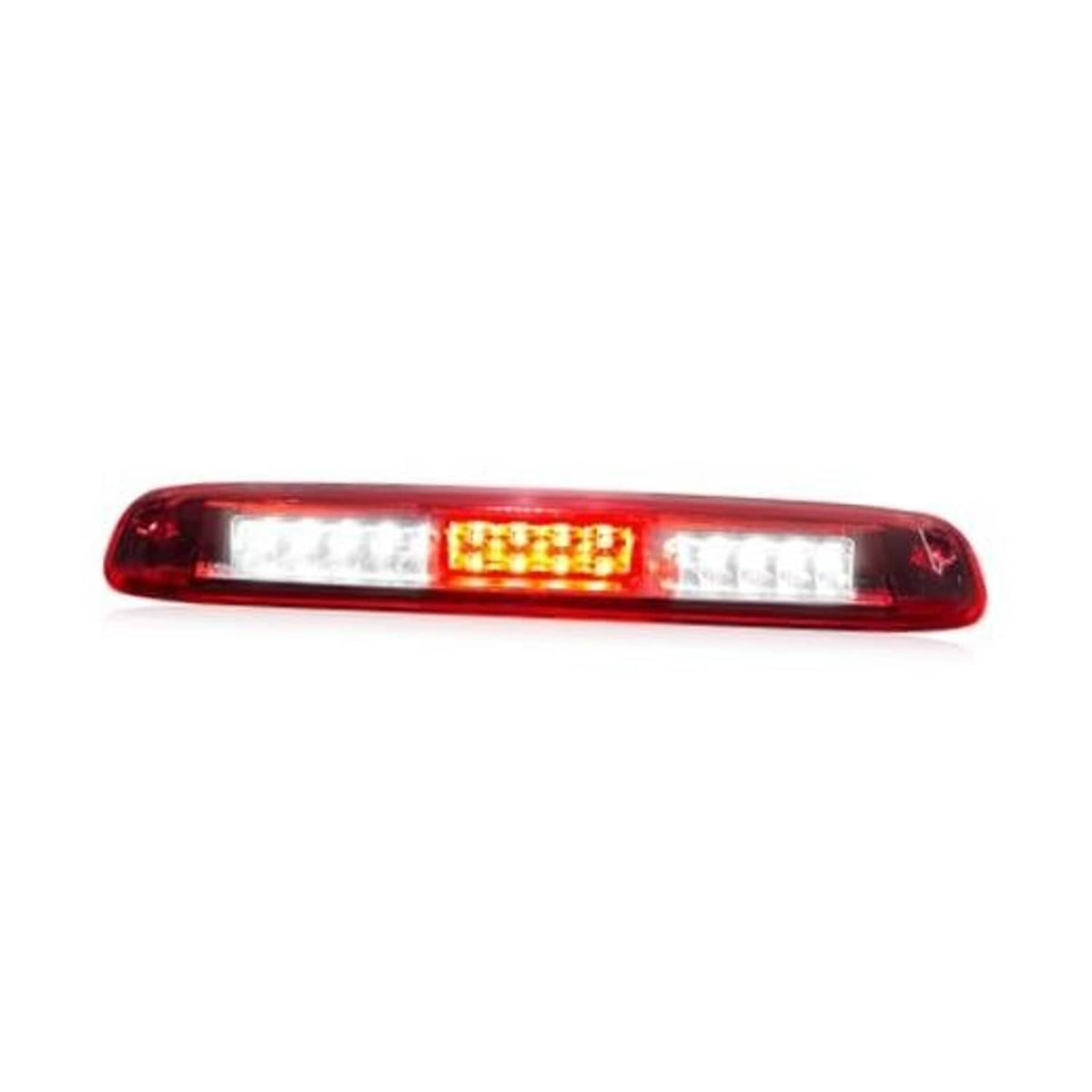 Red 3rd brake light lens with clear center LED strip and glowing amber LEDs