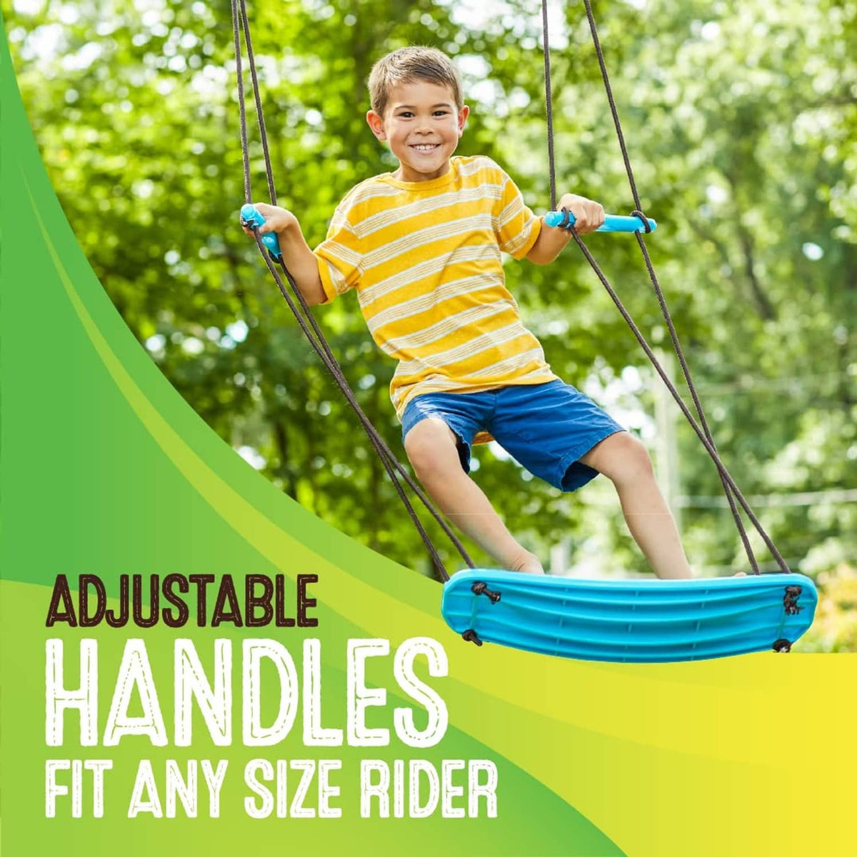Child holding adjustable blue handle grips on a turquoise outdoor swing board