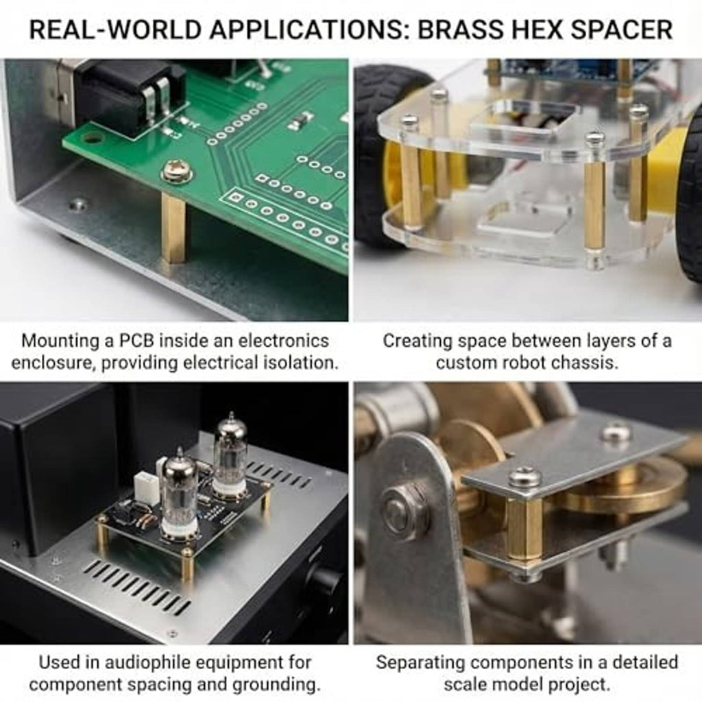 Brass hex spacers used to separate and mount components on circuit boards
