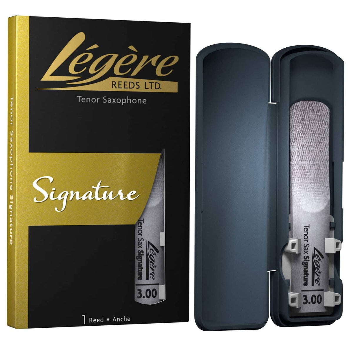 Synthetic tenor sax reeds in dark case, one clear reed, strength 3.0