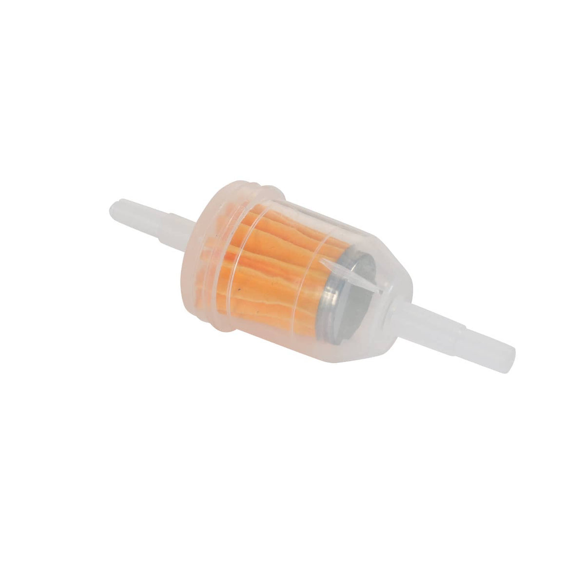 Orange inline fuel filter with translucent housing and barbed ends