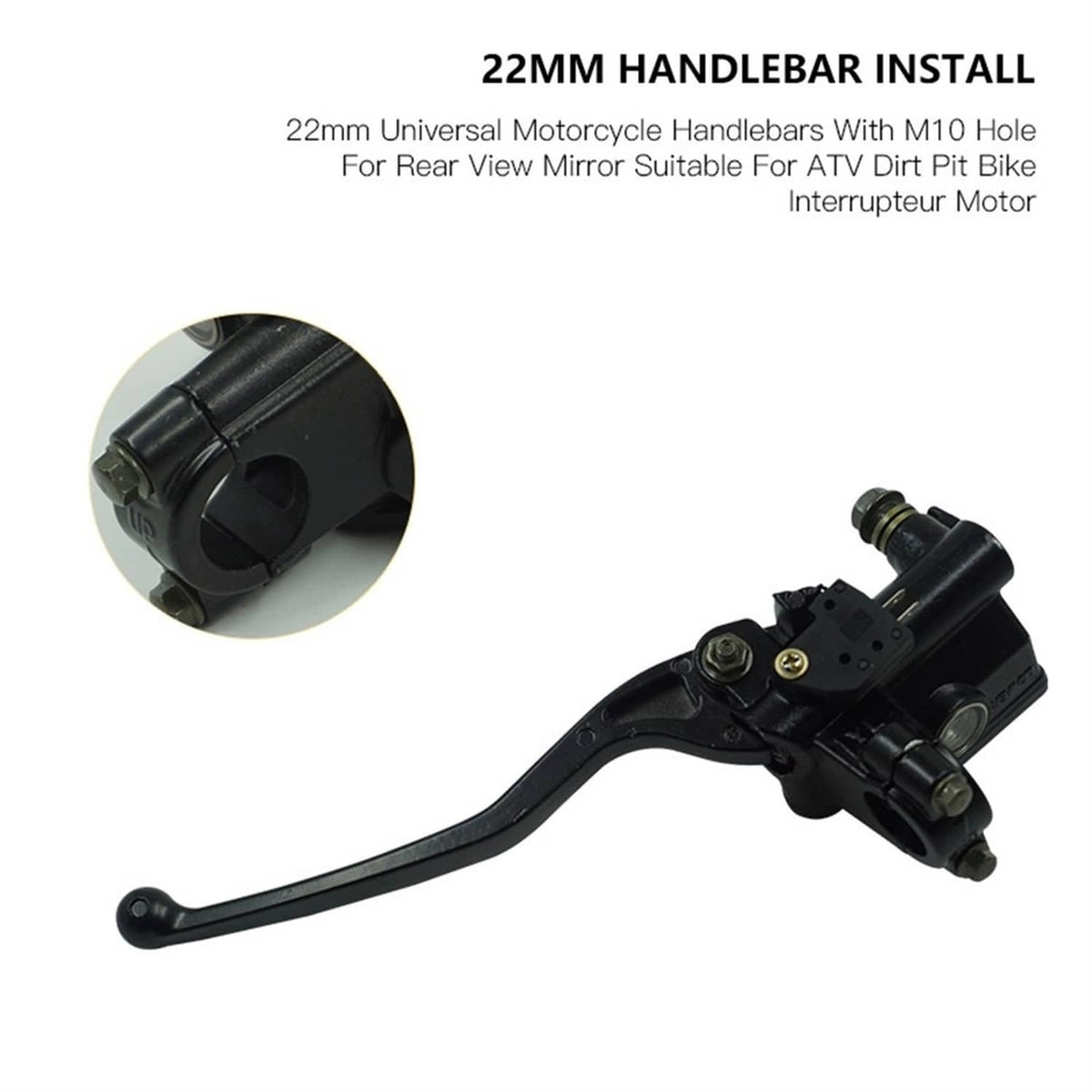 Black handlebar-mounted brake lever with reservoir and curved hand lever