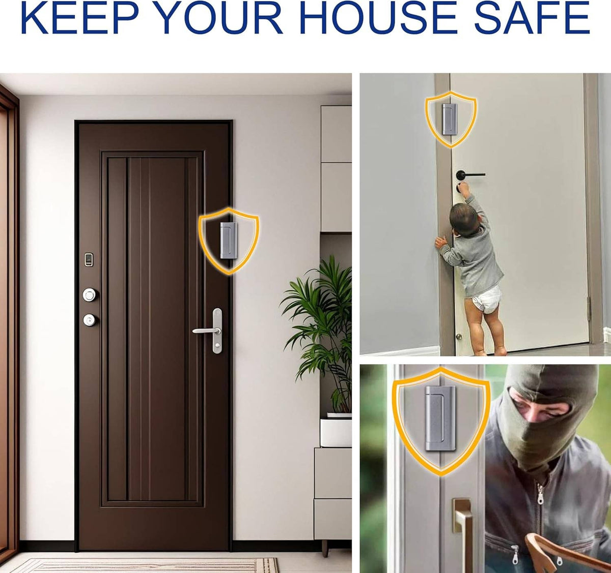 Front door security lock on door frame with metal faceplate, two-piece design