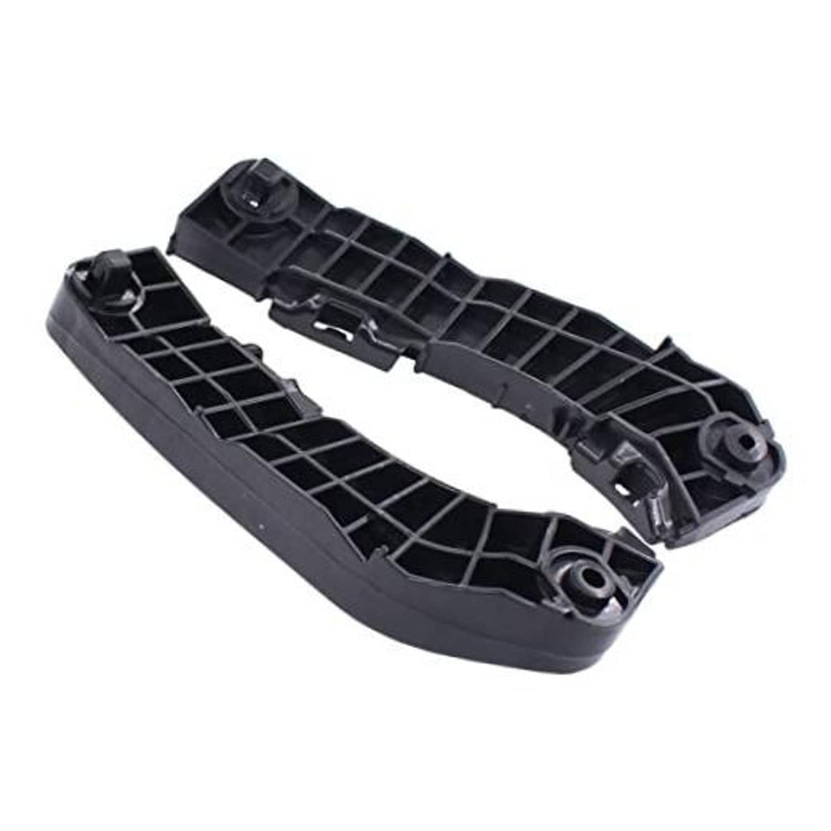 Black plastic front bumper bracket retainer pair with grid pattern and round mounting holes