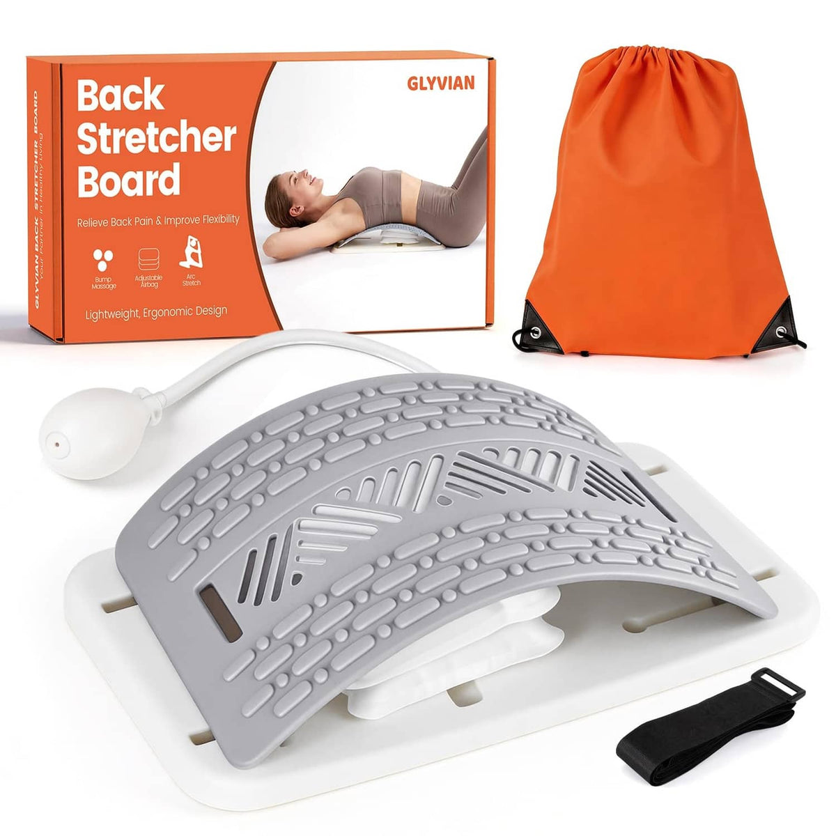 Inflatable back stretcher pad kit with adjustable airbag, strap, and orange drawstring bag