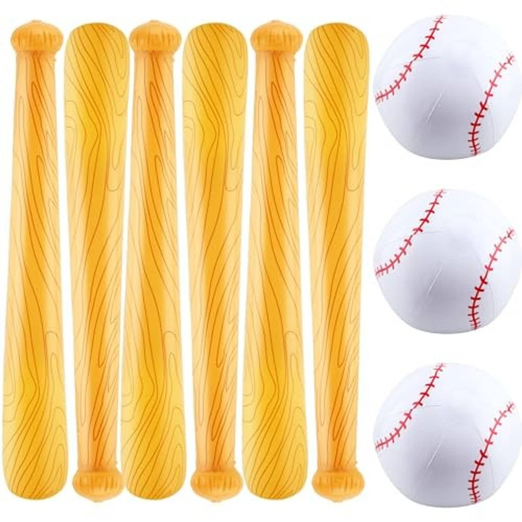 Orange inflatable baseball bat set with three white baseballs with red-stitched seams