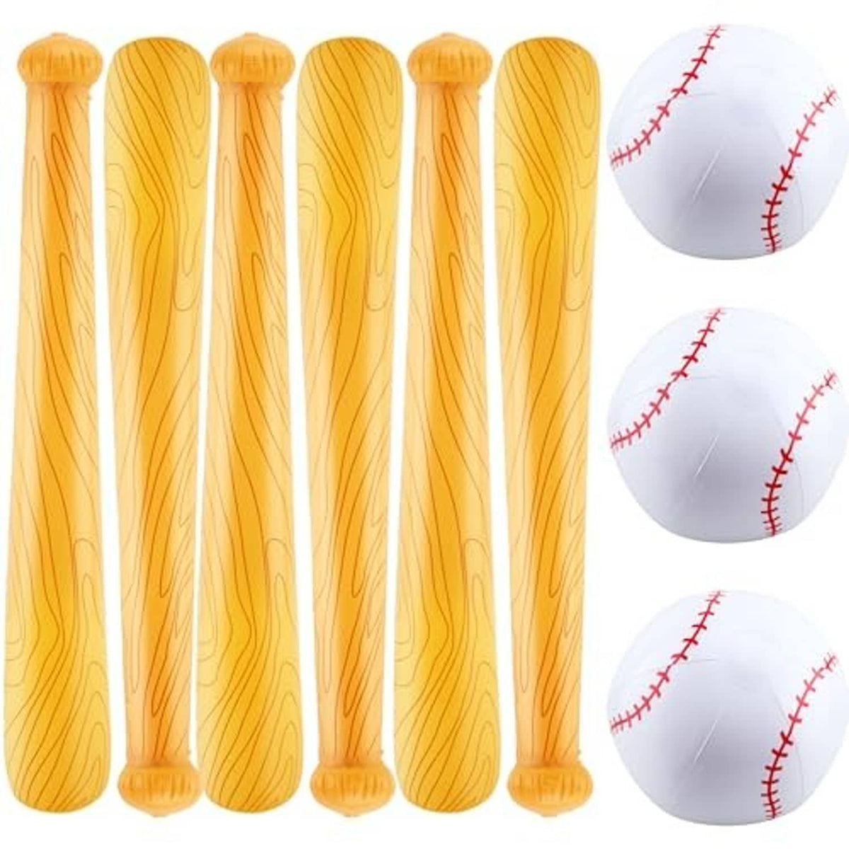 Orange inflatable baseball bat set with three white baseballs with red-stitched seams