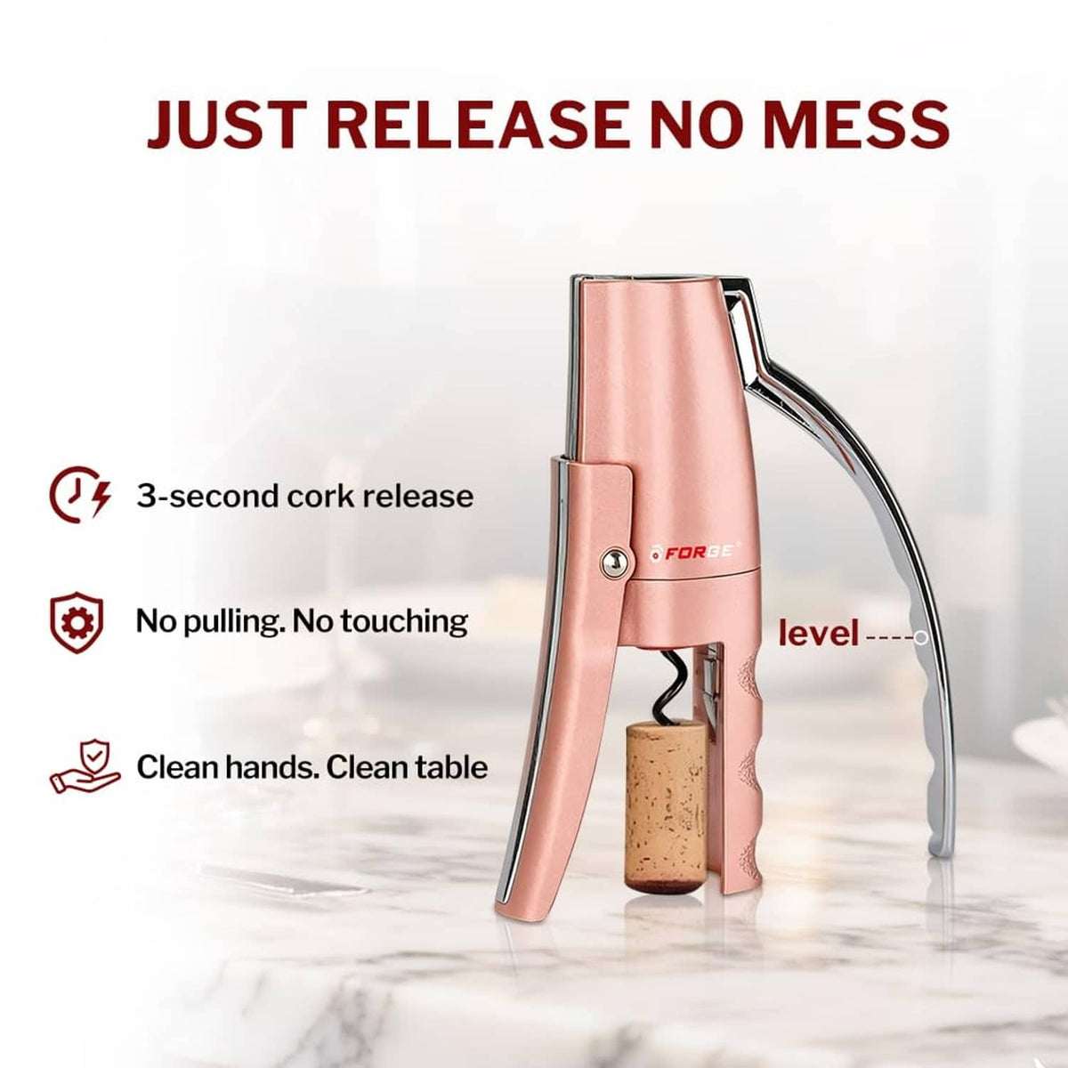 Pink vertical lever corkscrew opener with release lever and chrome support bar.