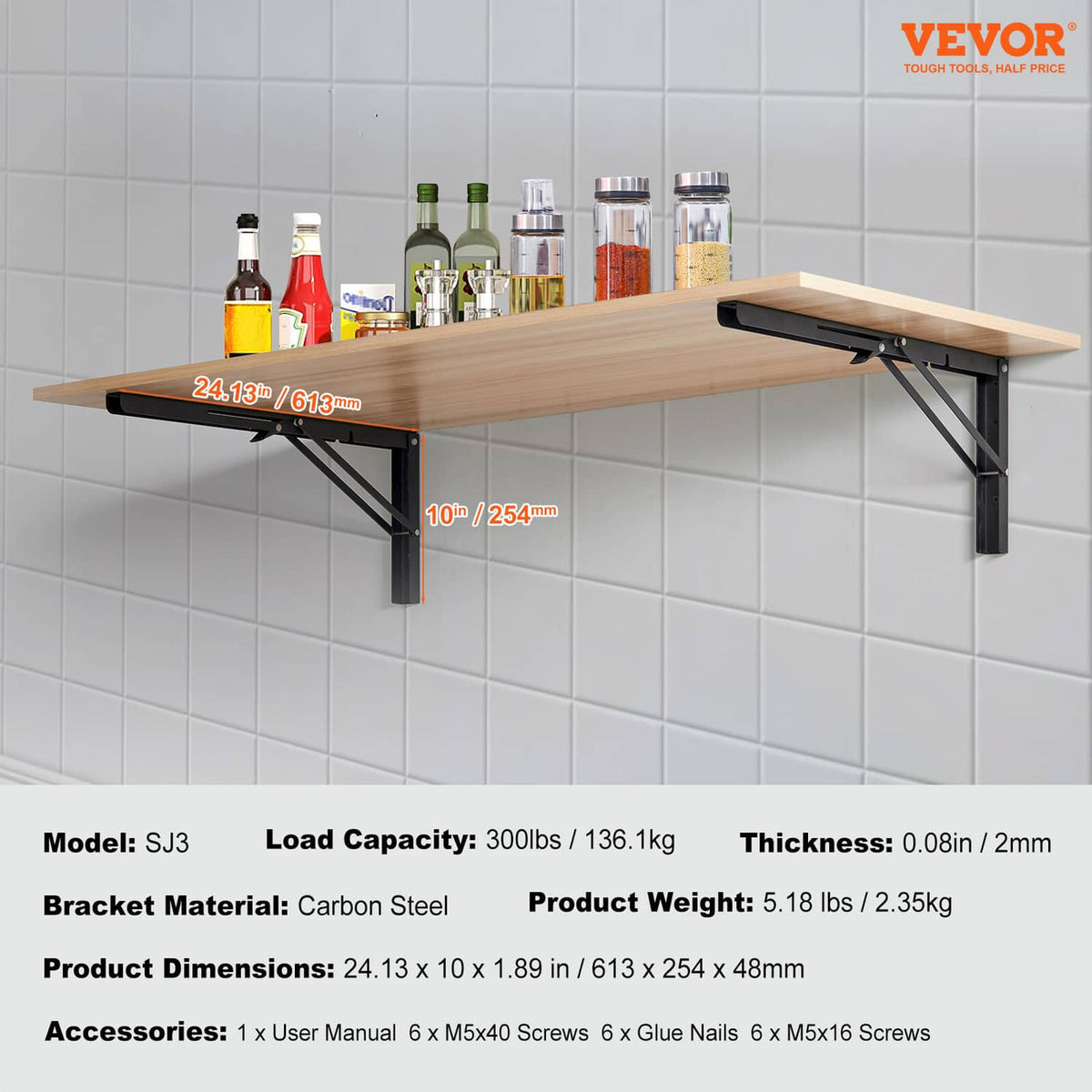 Folding shelf bracket set shown with dimensions and load capacity details