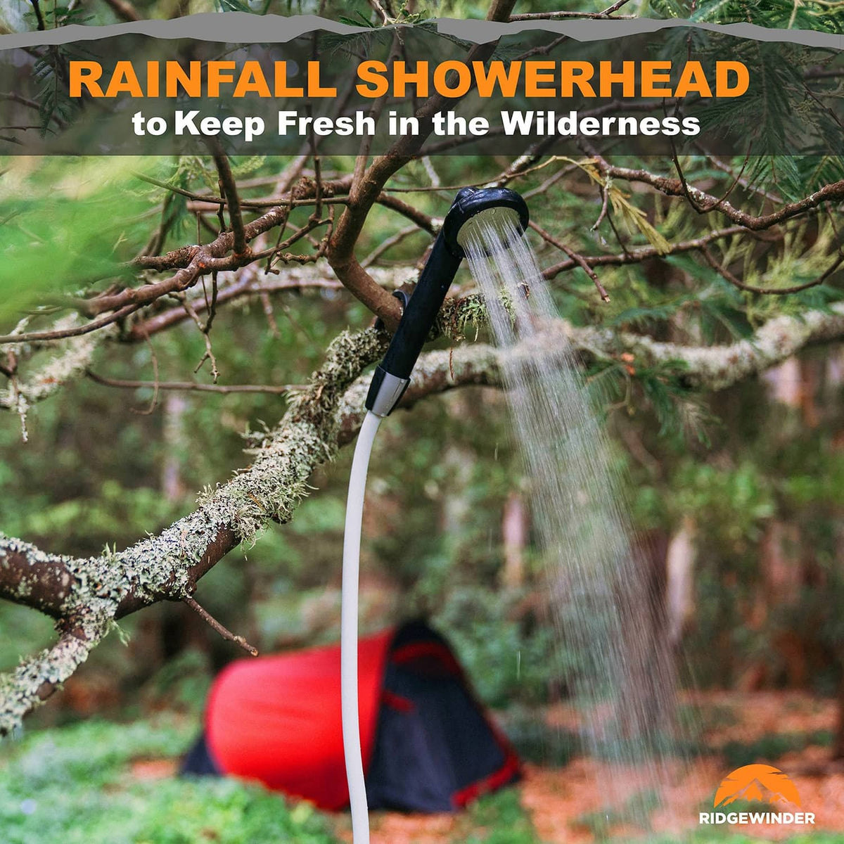 Rainfall-style showerhead spraying from the portable camp shower hose in the outdoors