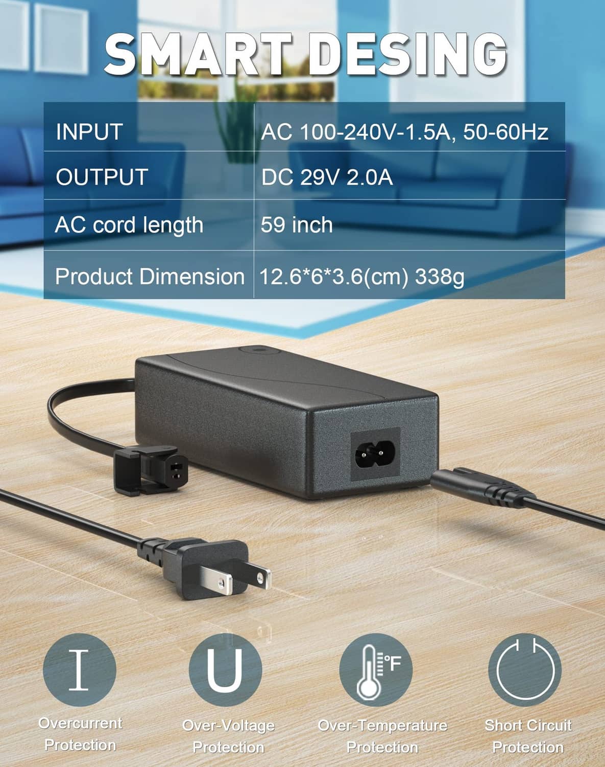 Black power supply with AC input and DC output ports, power cord attached