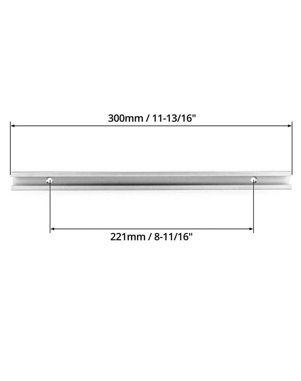 Silver aluminum T-track rail bar with two end mounting points and long channel