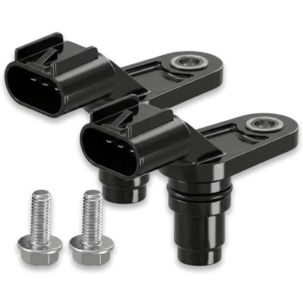 Two-piece black camshaft position sensor set with rubber seals and mounting screws