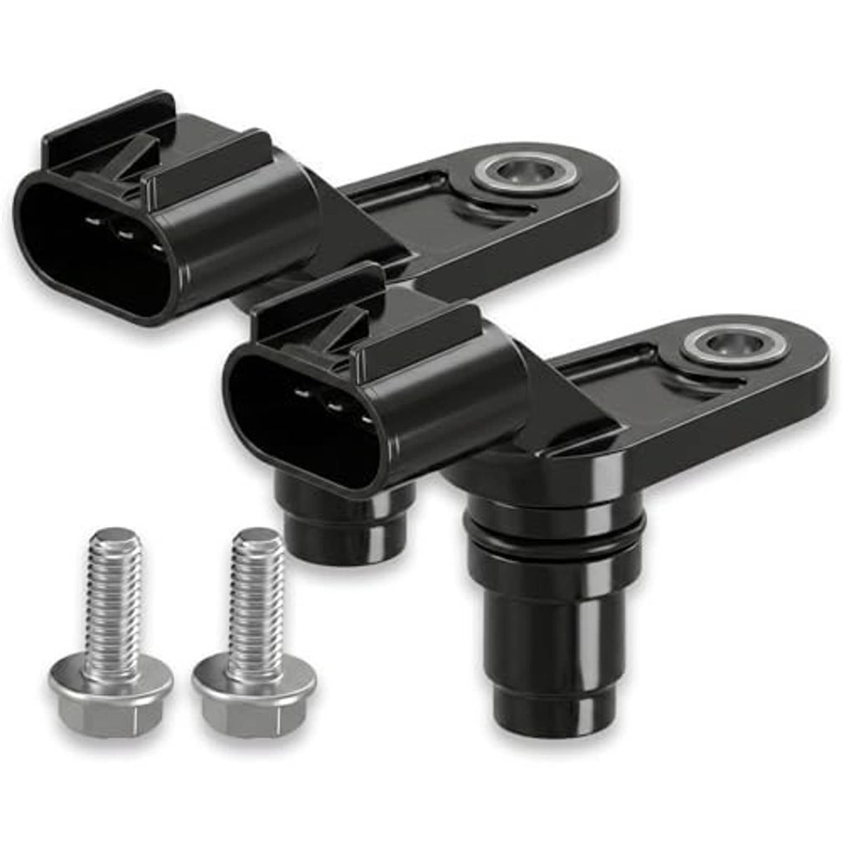 Two-piece black camshaft position sensor set with rubber seals and mounting screws