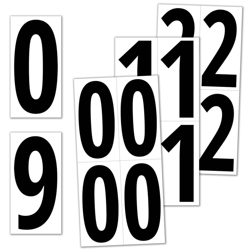 Set of black vinyl number stickers on white squares, assorted digits