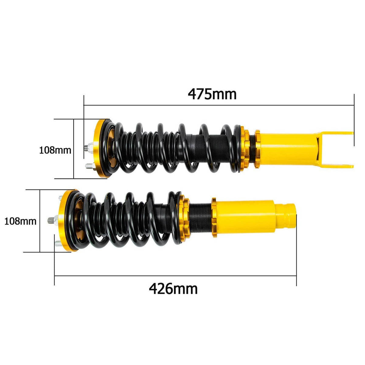 Coilover strut dimensions diagram showing overall lengths for two shock assemblies