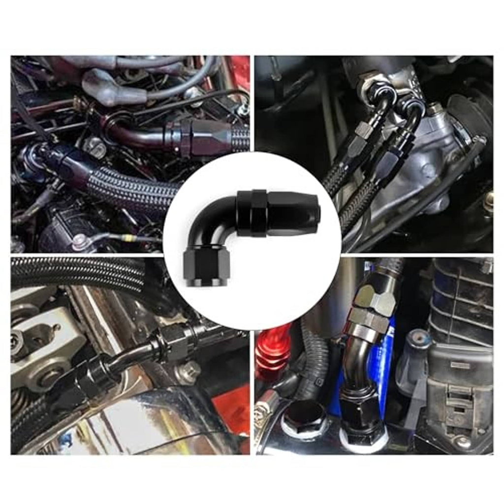Black 90-degree swivel hose fitting installed on braided hose in an engine bay