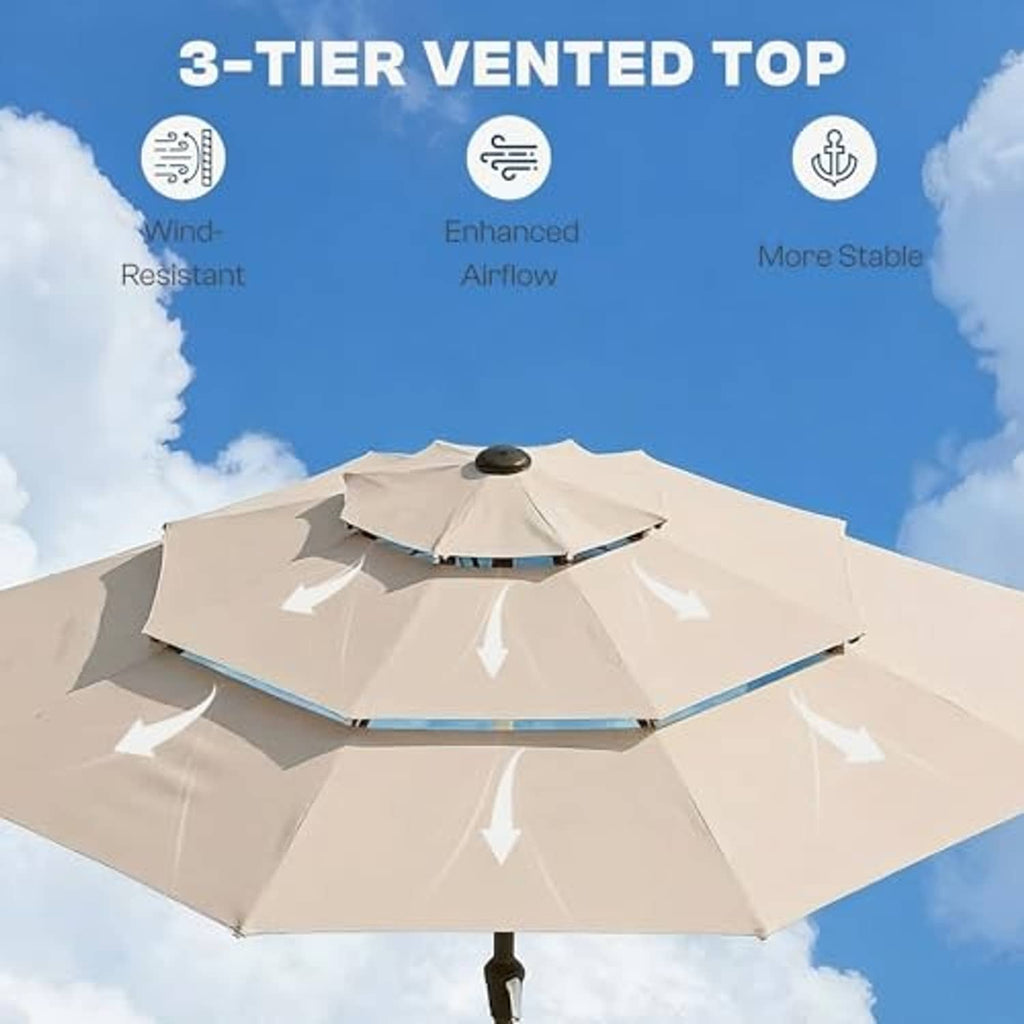 Beige 3-tier vented top patio umbrella with blue sky marketing overlay