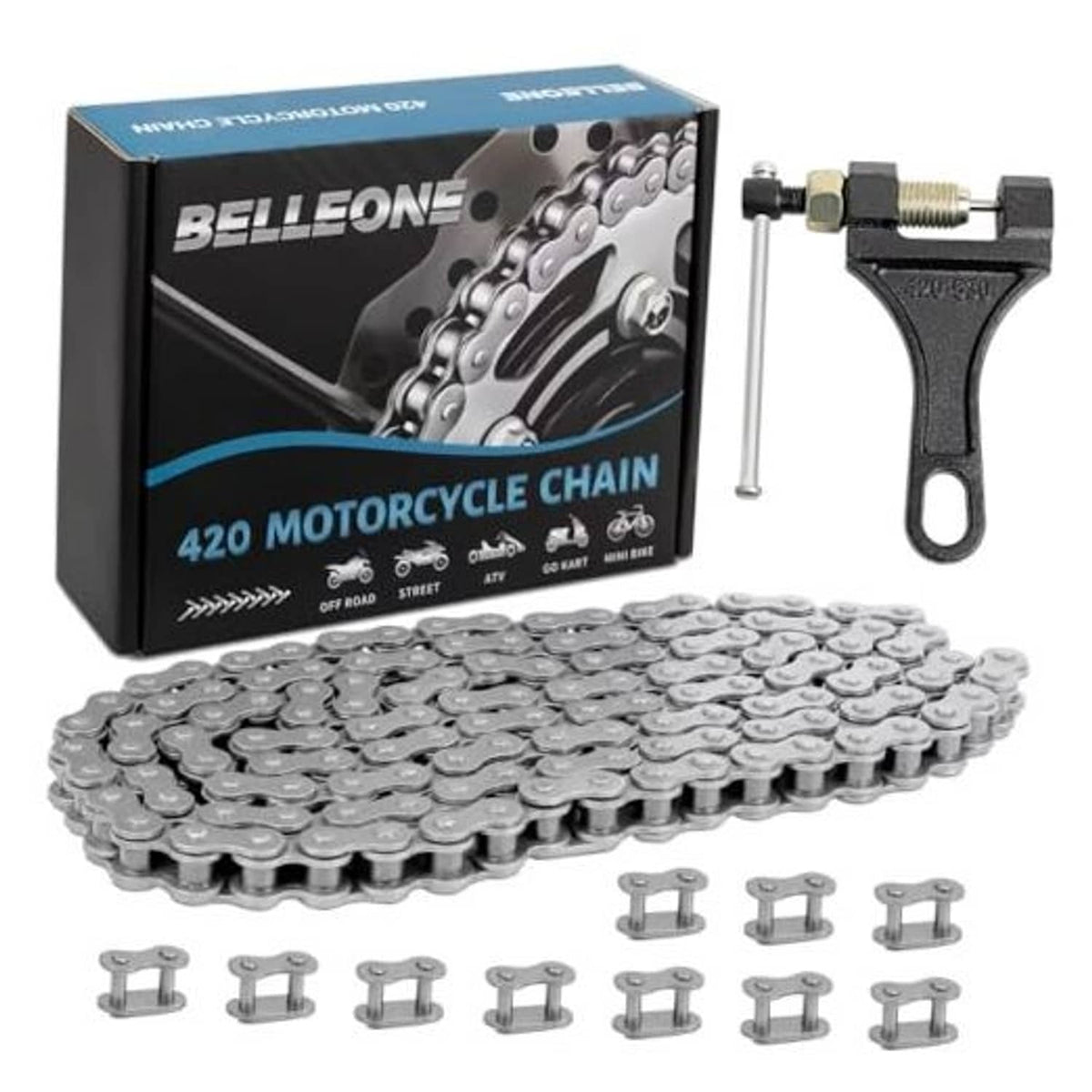 Motorcycle roller chain kit with metal chain links and packaging box