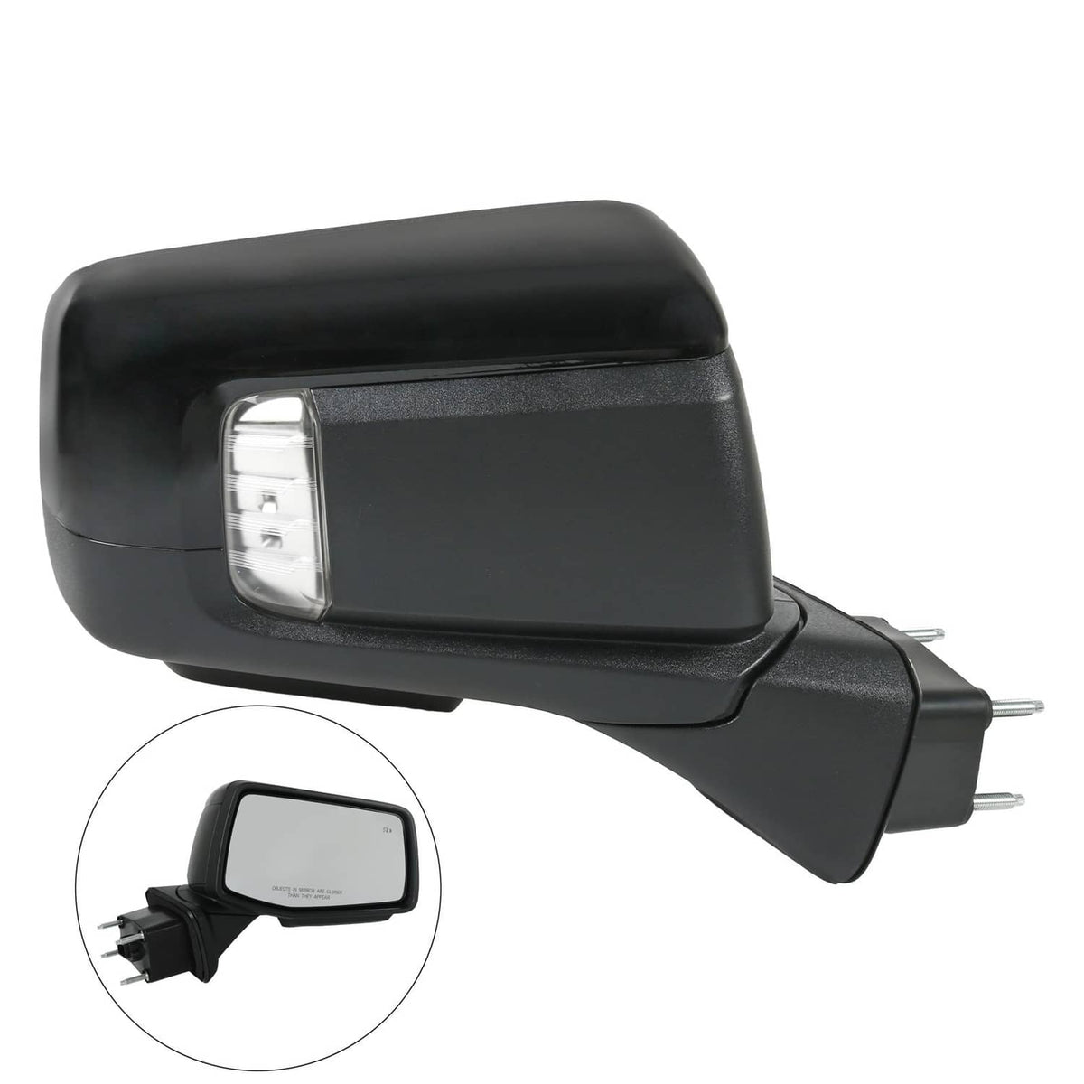Black passenger side door mirror with clear turn-signal lens and heated power plug