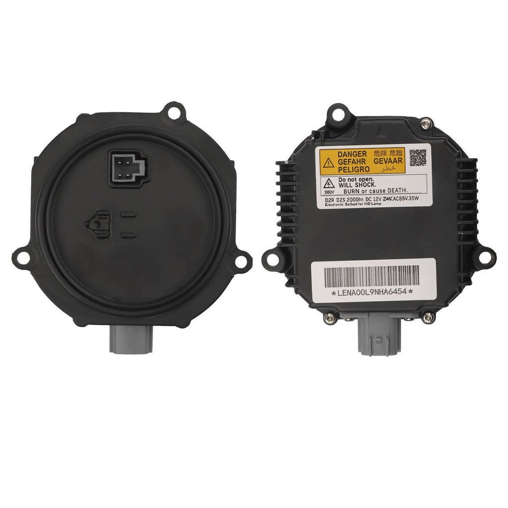 Pair of HID ballast housings, front and back view with warning label