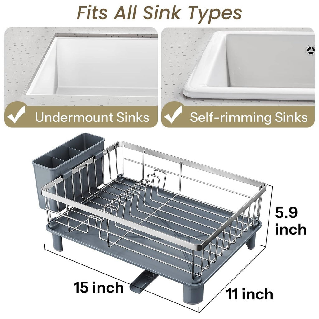 Compact stainless dish rack with raised drainboard and wire plate drying shelf