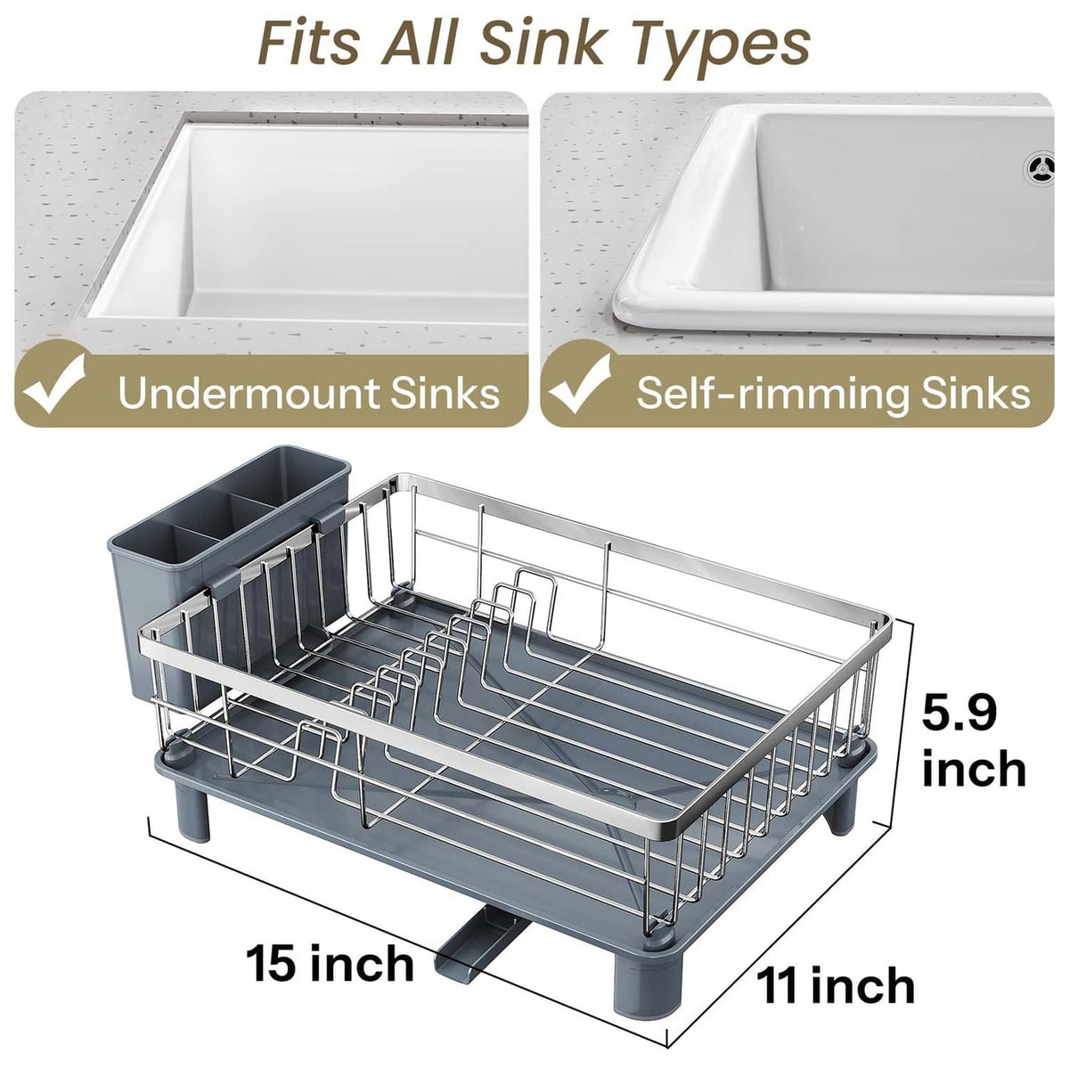 Compact stainless dish rack with raised drainboard and wire plate drying shelf