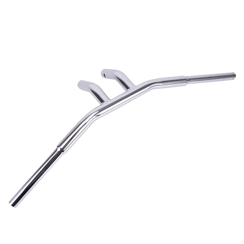 Angled view of chrome drag-style T-bar motorcycle handlebars with twin risers