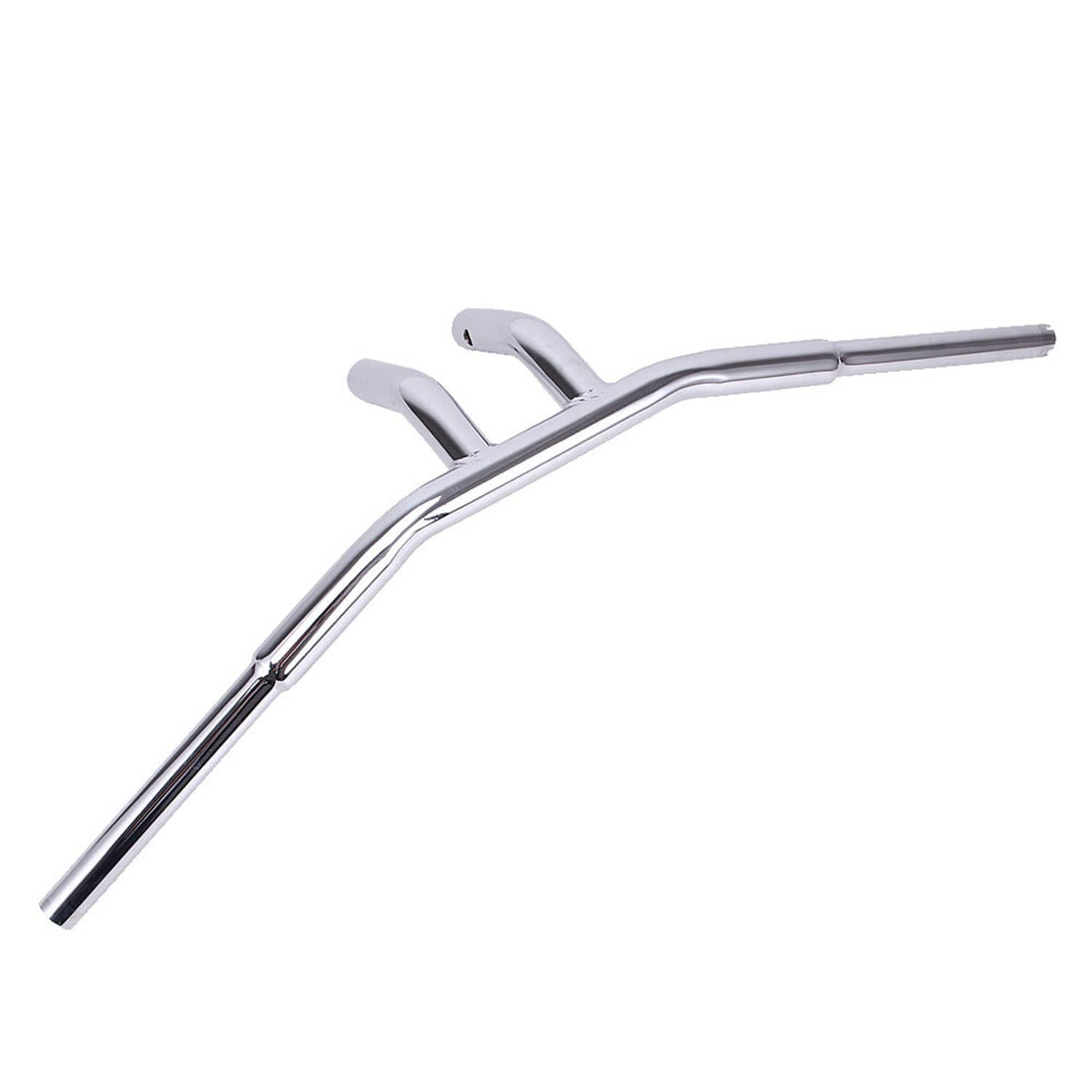 Angled view of chrome drag-style T-bar motorcycle handlebars with twin risers