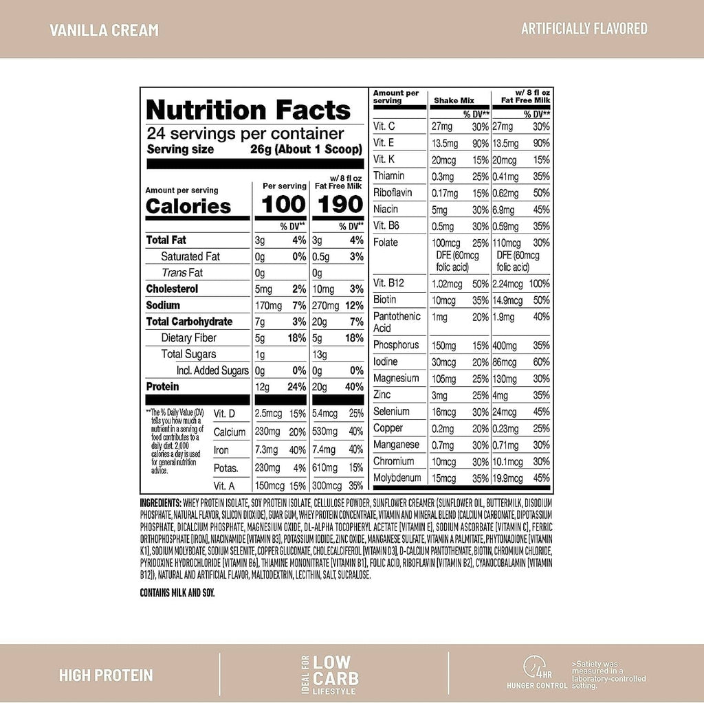 Nutrition Facts panel for vanilla cream high-protein shake