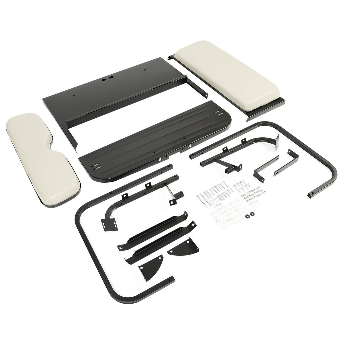 Off-white flip rear back seat kit with black brackets, cushions, and mounting hardware