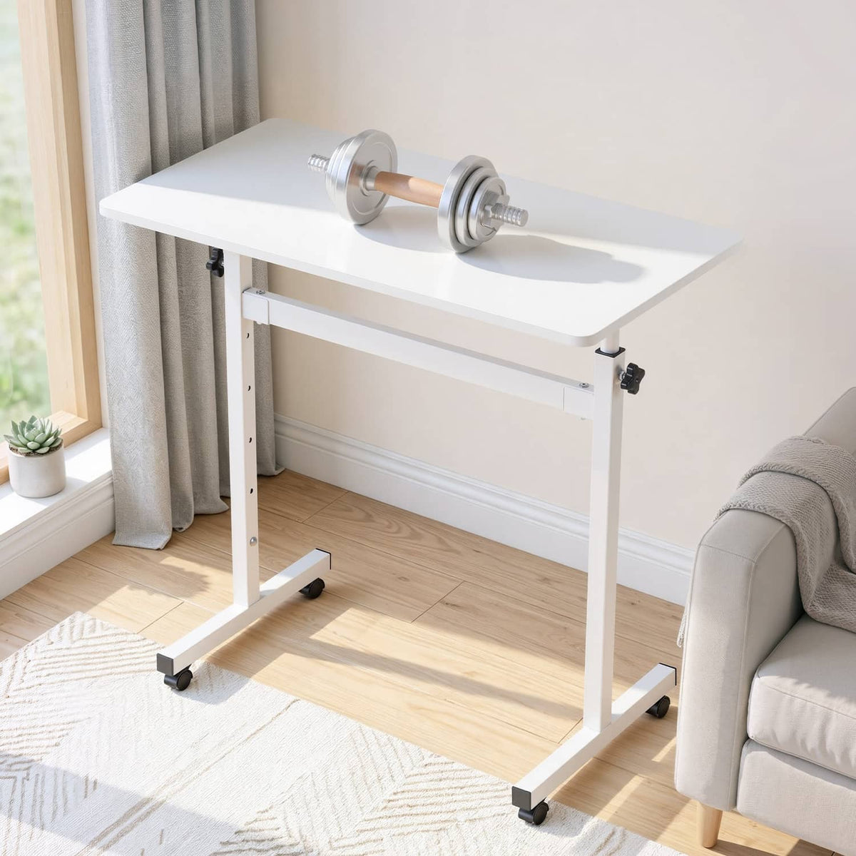 Uimoso adjustable standing desk with white top holding a barbell weight and rolling casters