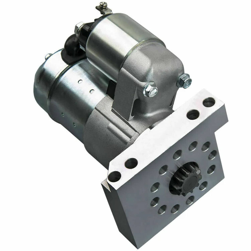 Starter motor with mounting flange plate and terminal hardware
