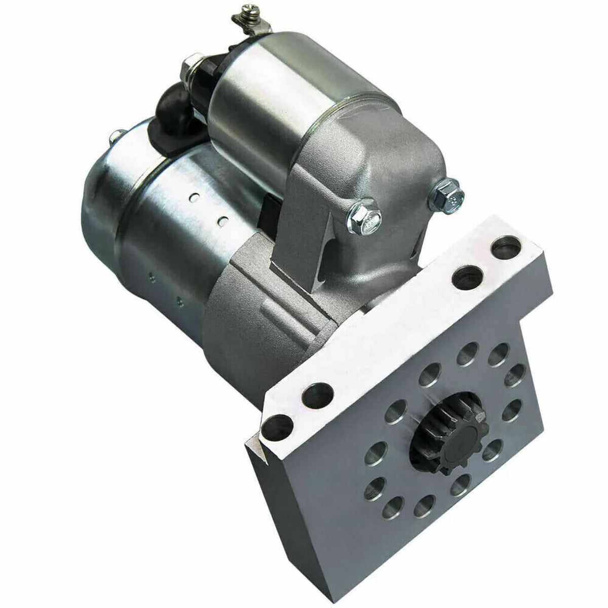 Starter motor with mounting flange plate and terminal hardware