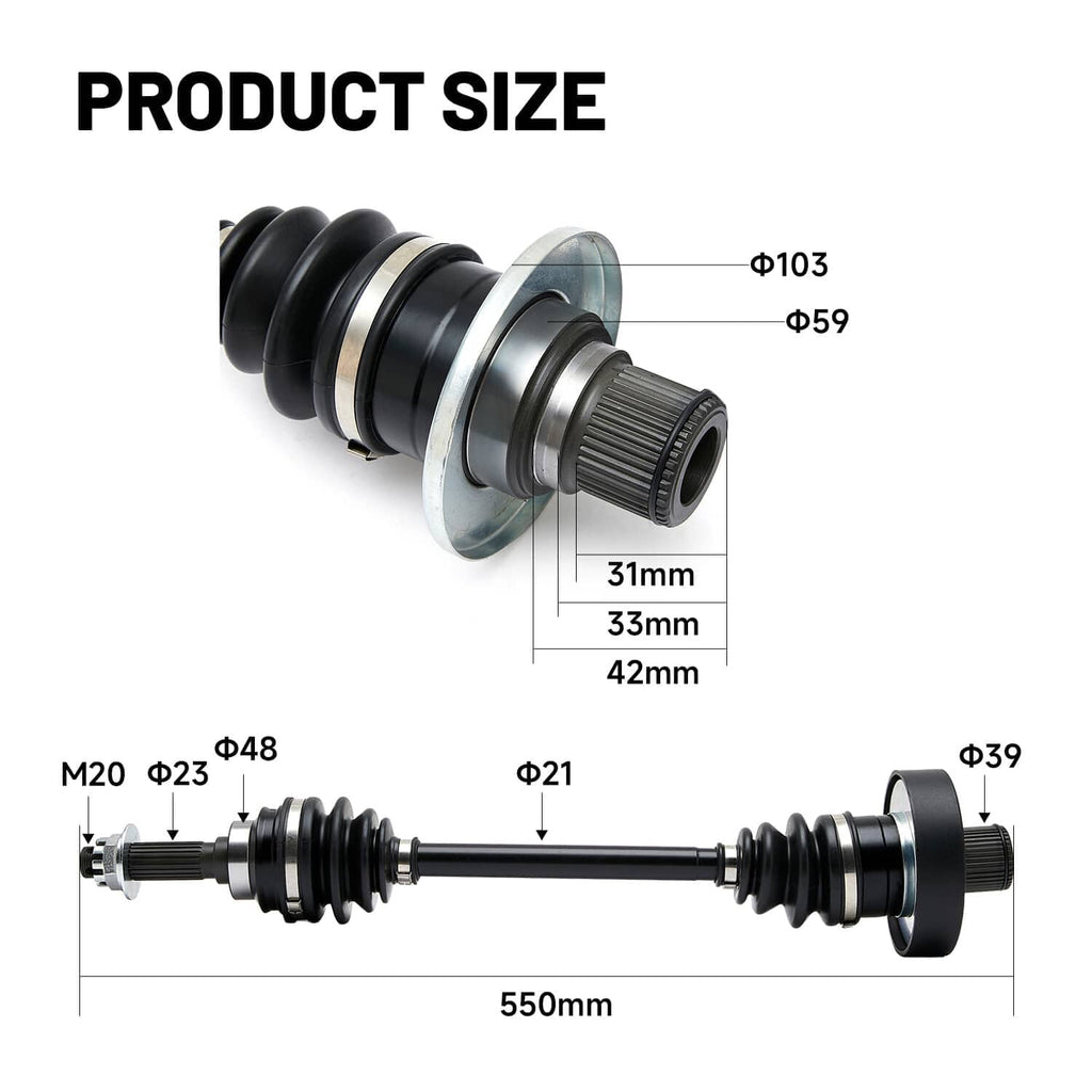 Rear CV axle shaft size view with black boot and metal splined outer end
