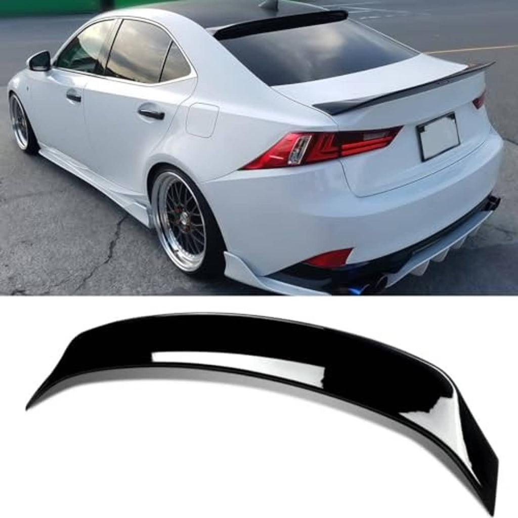 Gloss black rear ducktail spoiler shown from side angle on white car