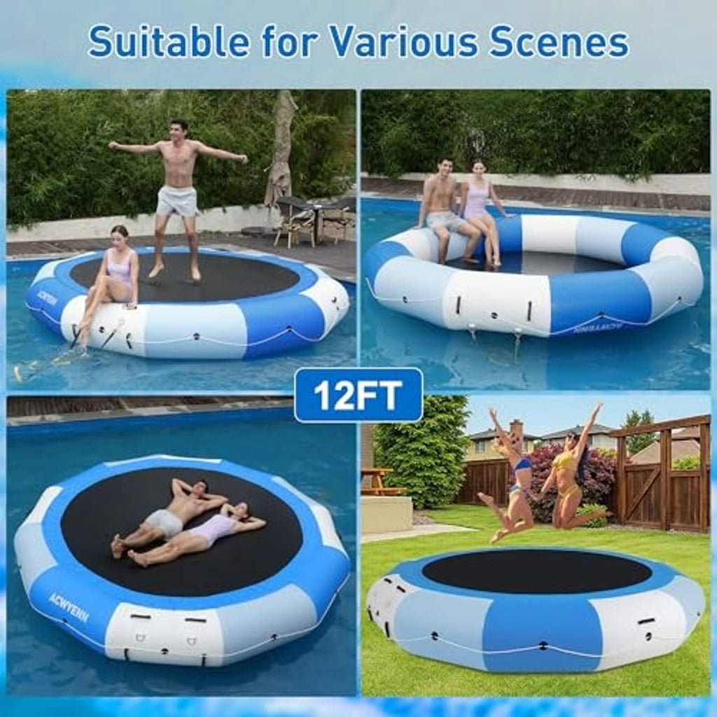 12FT inflatable floating trampoline with blue-and-white sides and black round jumping surface.