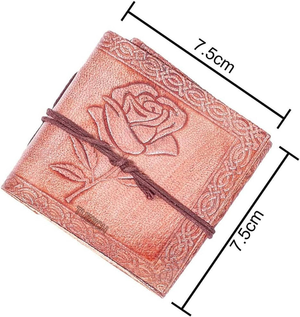 Rose-embossed leather mini pocket notebook with tied closure and compact square shape