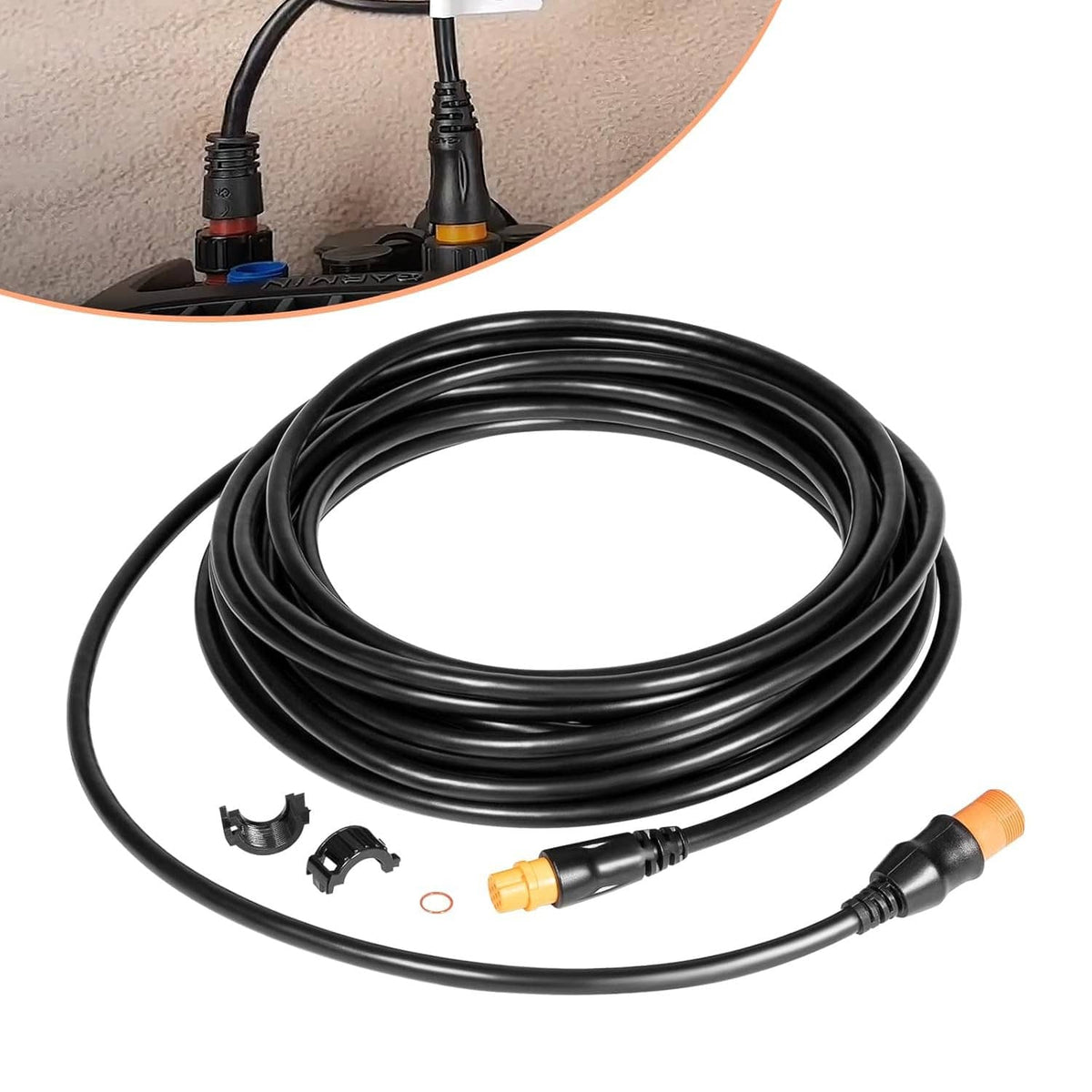 Black transducer extension cable kit with orange connector ends and small parts