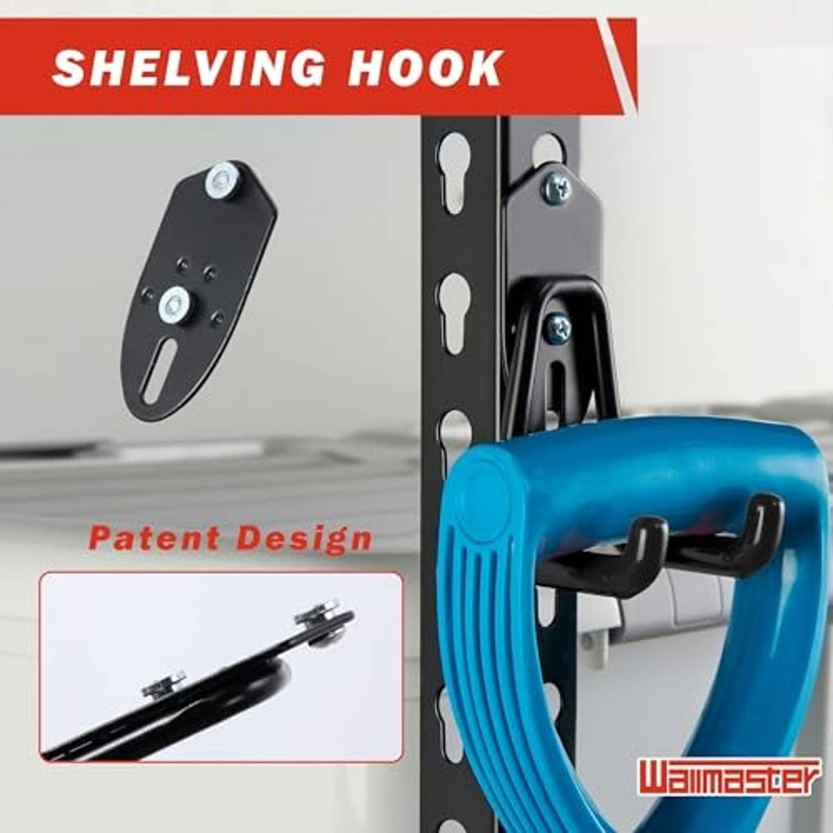 Black shelving hook holding a blue power tool handle on a slotted metal shelf frame.